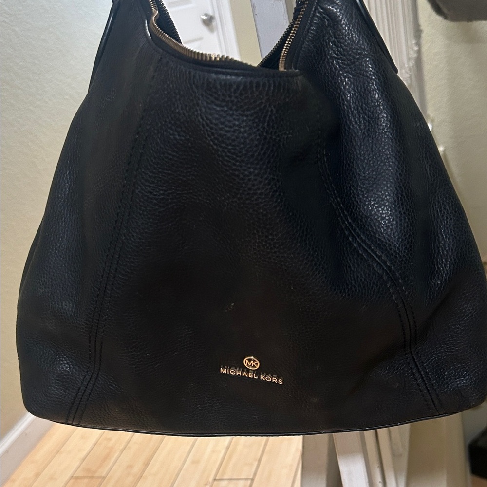 Michael Kors Black Pebbled Leather Shoulder Tote with Gold Logo